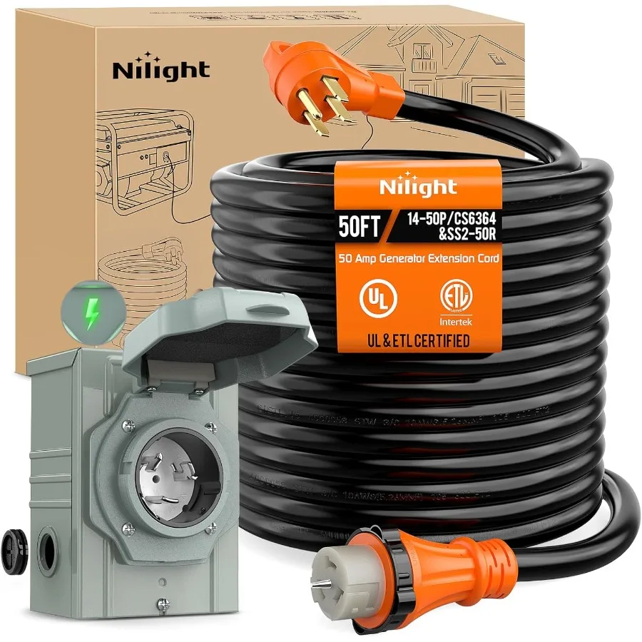Outdoor Power Inlet Box - 50A 50フィートヘビーデューティー発電機延長コード、RV屋外用電源インレットボックス付き、125/250V NEMA 1450P - SS250RツイストロックC