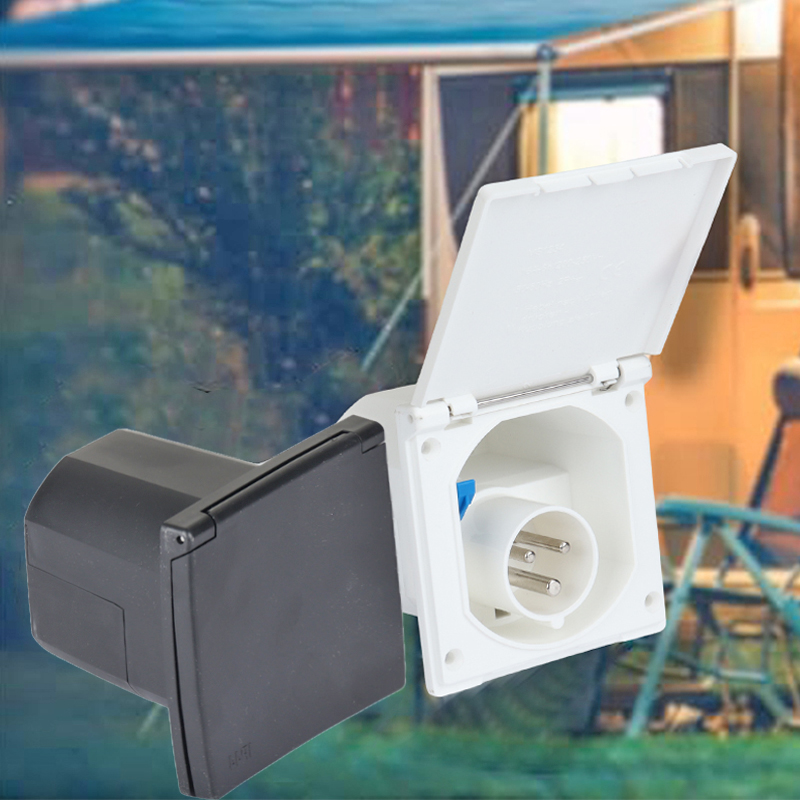 Outdoor Power Outlet Extension - RV用電源プラグ 230V 16A 電源接続ソケット キャンピング用延長プラグ ヒンジ付き蓋付き