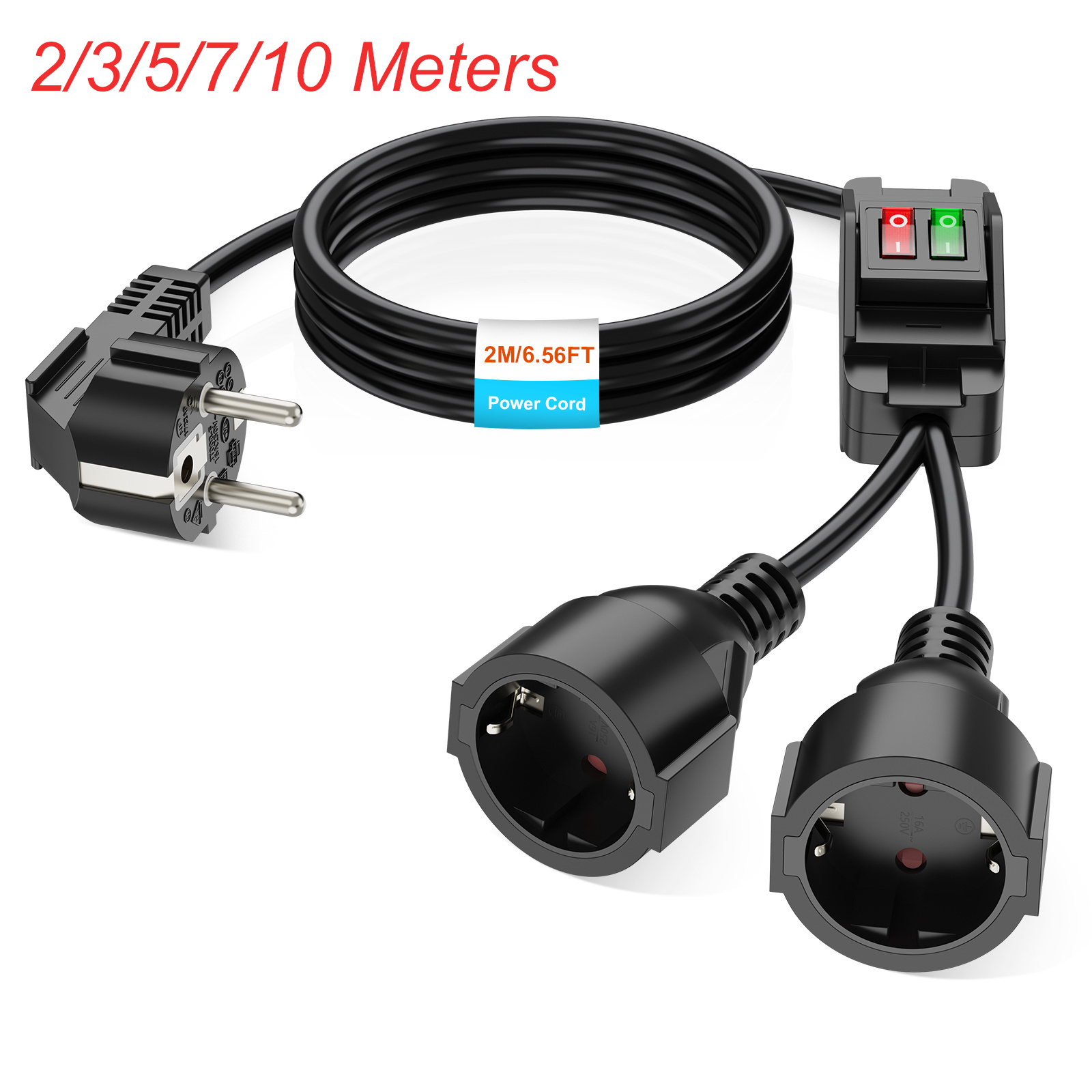 Outdoor Power Outlet Extension - EUプラグ延長コード、オン/オフスイッチ付き、0.4/2/3/5/7/10m電源ケーブル、2つのシュコソケット、IP44、家庭用/屋外用、黒