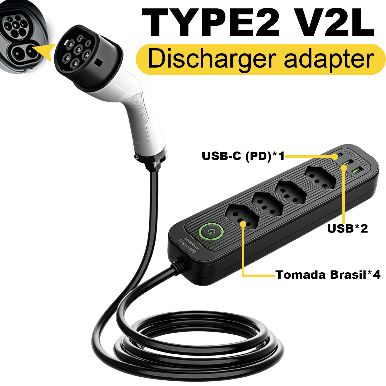 Outdoor Power Outlet Extension - タイプ2 V2L放電アダプター 16A ブラジルソケット EVから屋外電源ステーションへ BYD