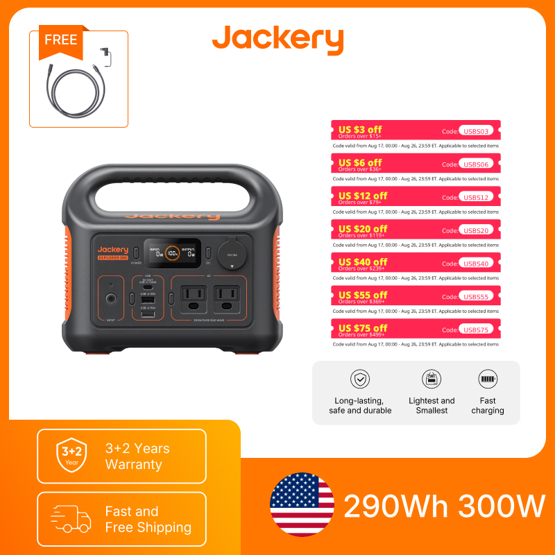 Outdoor Power Generator - Jackery ポータブル電源 エクスプローラー300New 5m延長コード付き、アウトドアキャンプ、旅行用ソーラー発電機