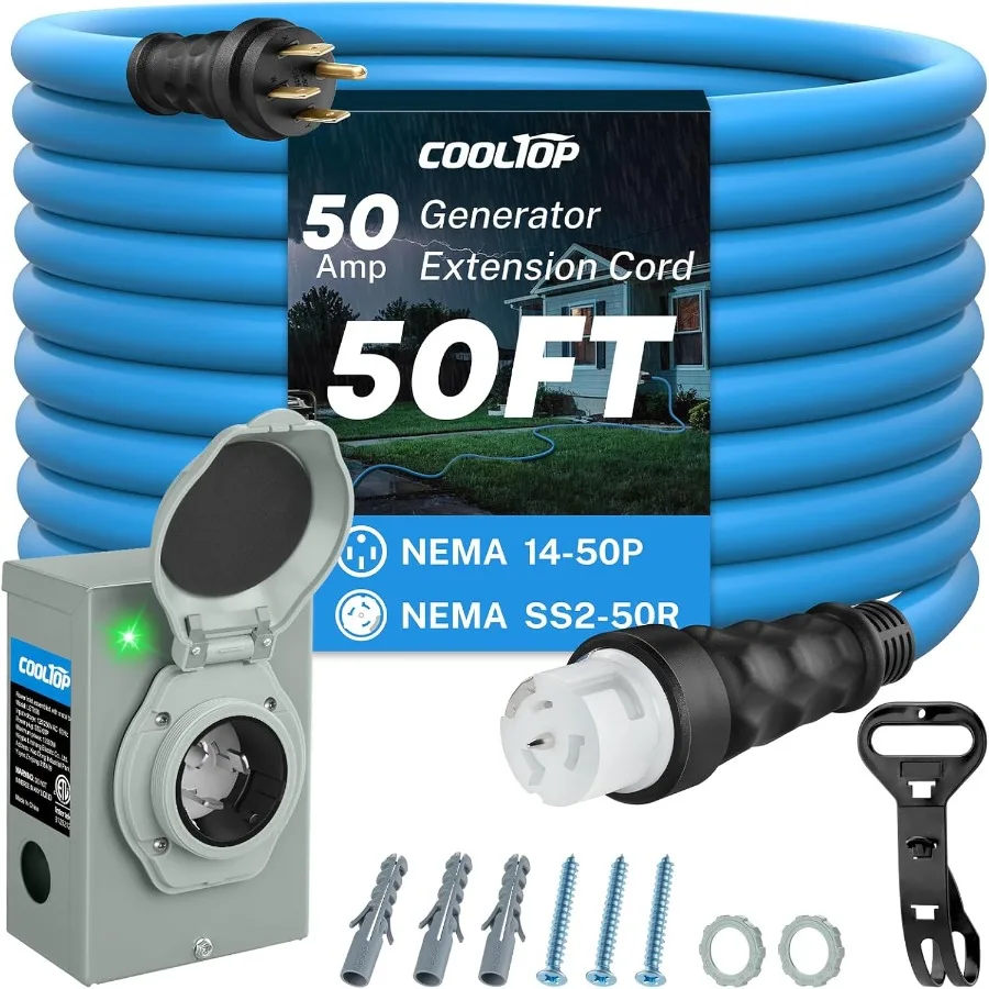 Outdoor Power Inlet Box - 50アンペア発電機コードと電源インレットボックスキット、50フィート延長ケーブルSTW 6-3+8-1 AWG付き、屋外RVキャンプと緊急用