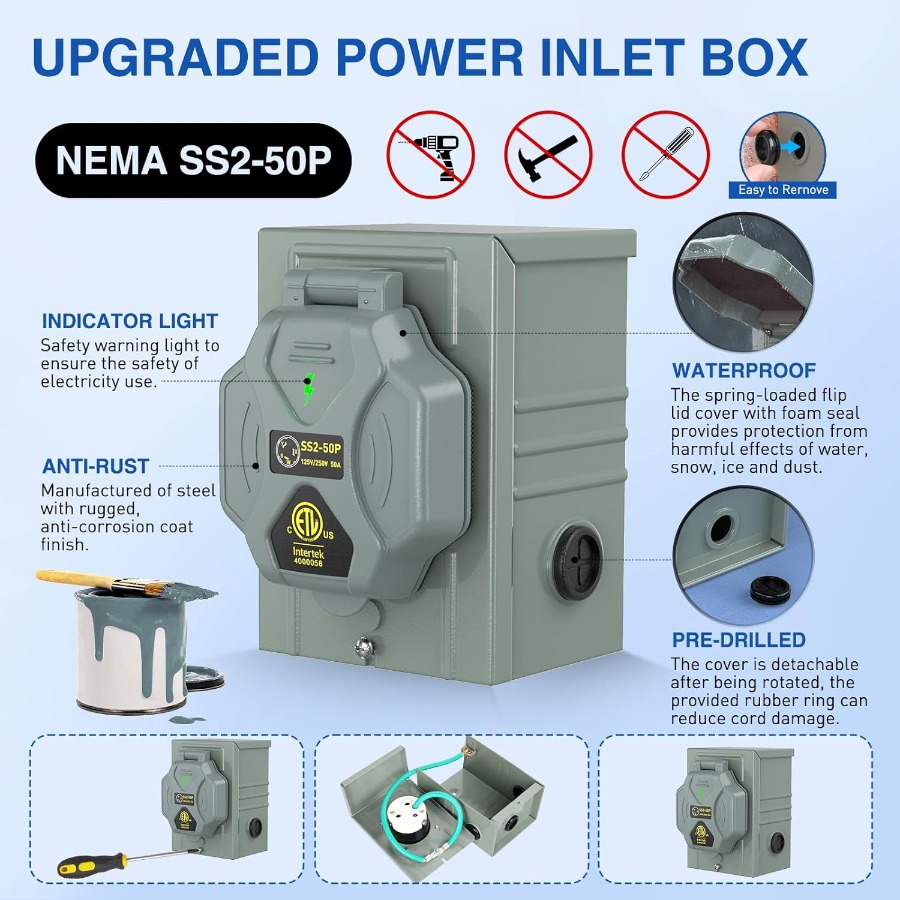 50A 50フィートヘビーデューティー発電機延長コード、RV - Outdoor Power Inlet Box のレビューと価格