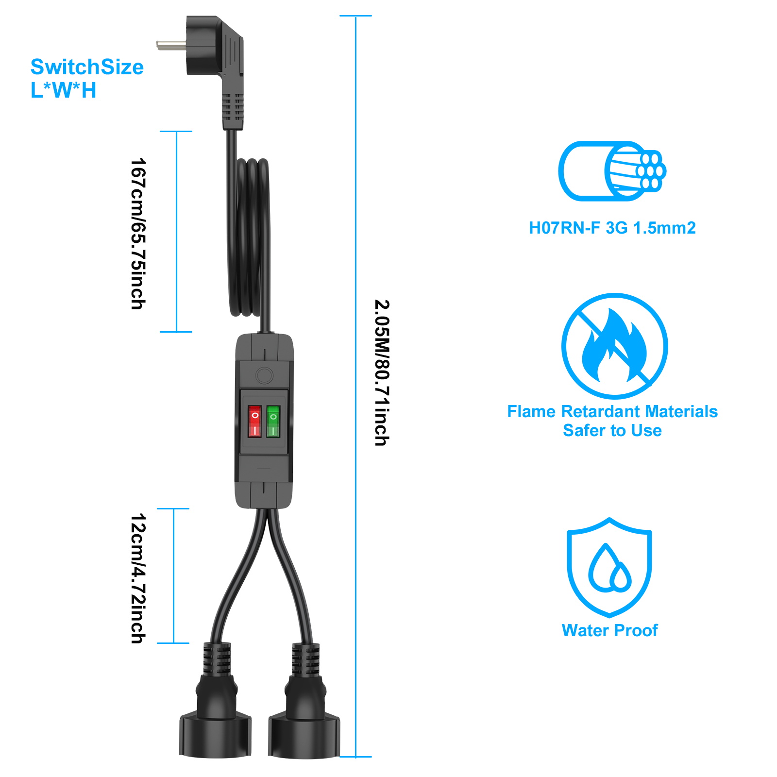 EUプラグ延長コード、オン/オフスイッチ付き、0.4/2/3 - Outdoor Power Outlet Extension のレビューと価格