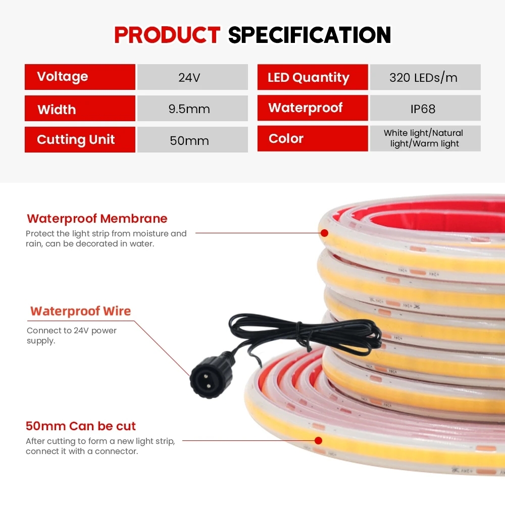 24V COBストリップライト IP68防水 ホワイト ソー - Outdoor Power Strip のレビューと価格